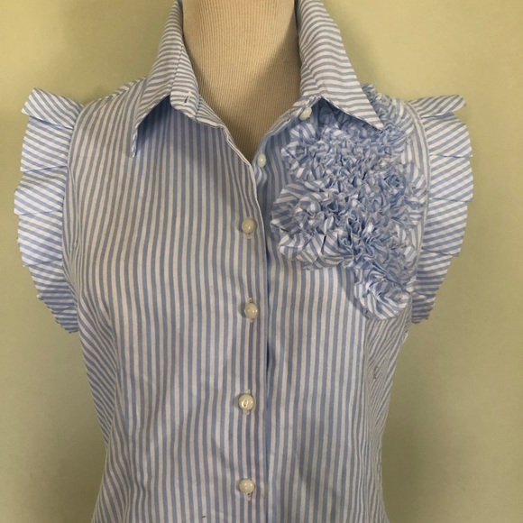 McGinn Blue -White Striped Ruffle Blouse Sz: 8 💙 - Picture 5 of 8